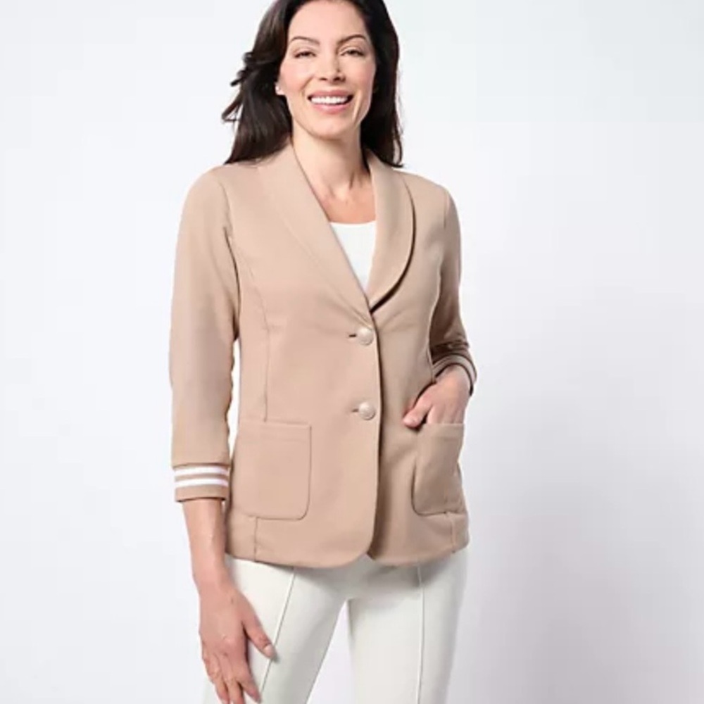Susan Graver Weekend Marina Knit 3/4 Sleeve Ribbed Cuff Blazer Taupe/White XXS